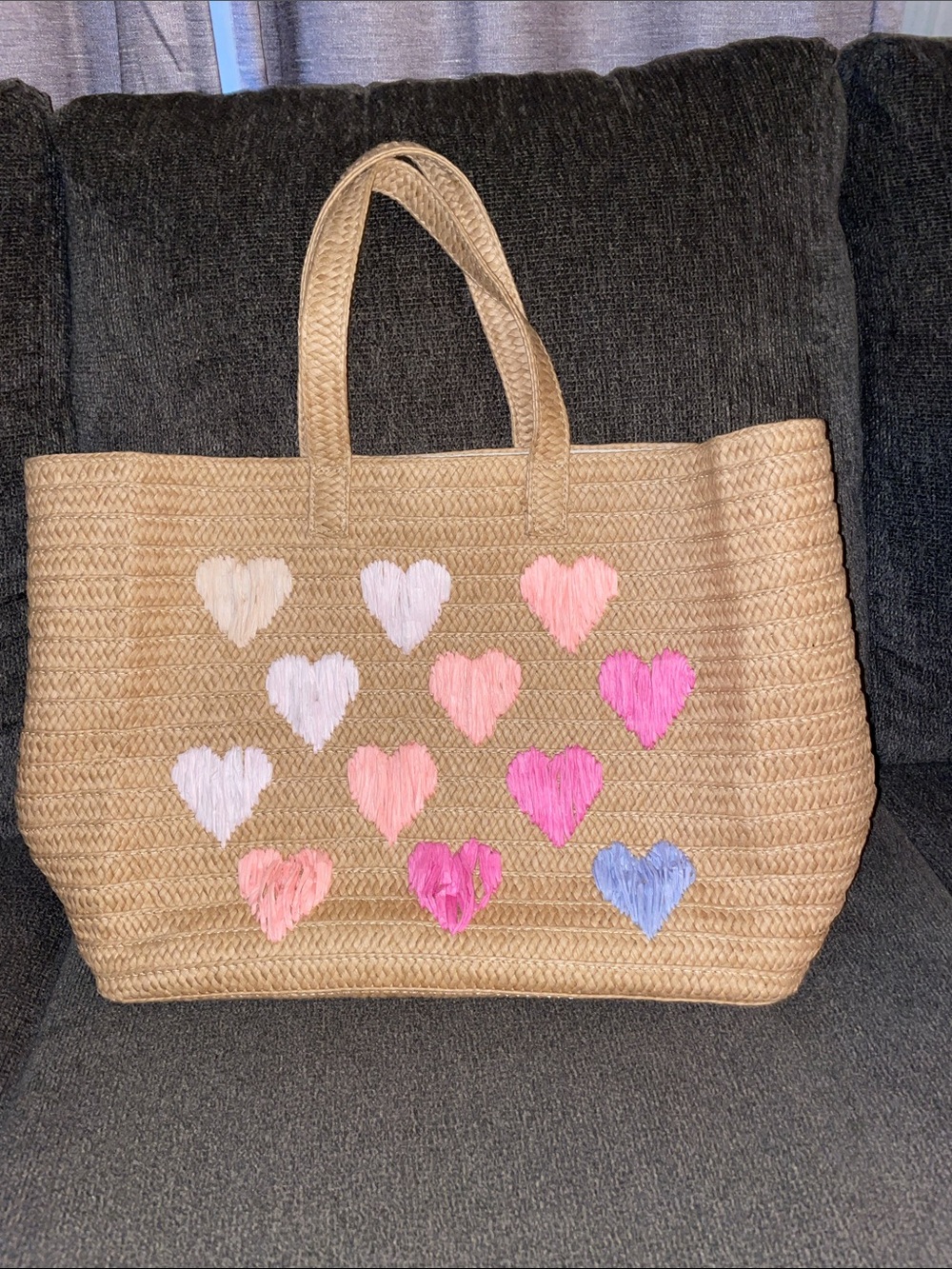 NWOTs BTB Los Angeles Be Mine Hearts Tote straw eco friendly embroidered color